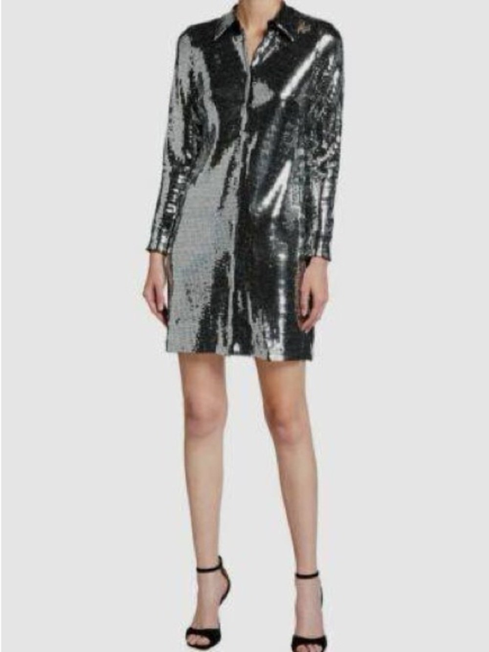 Aidan Mattox Silver Sequin Mini Shirt Dress